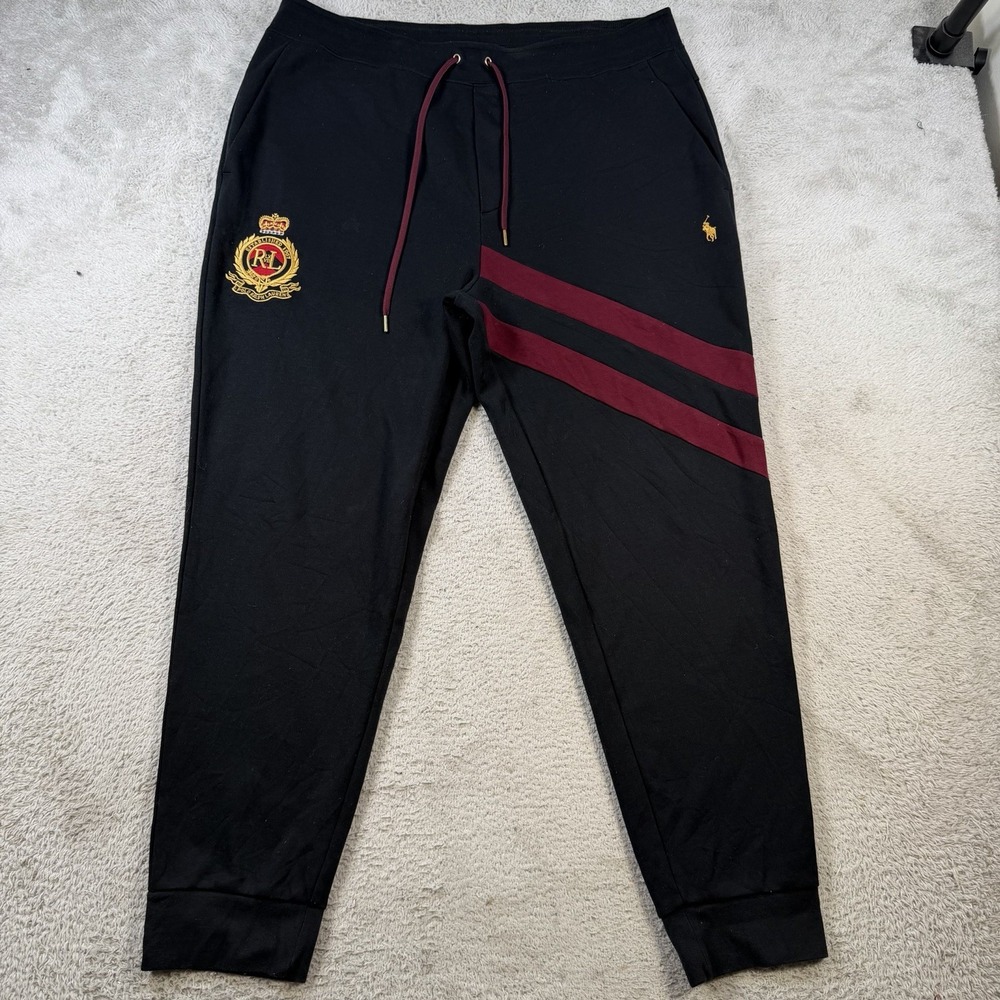 Polo Ralph Lauren Joggers Mens XL Black Crest Pony Striped Crown Sweatpants